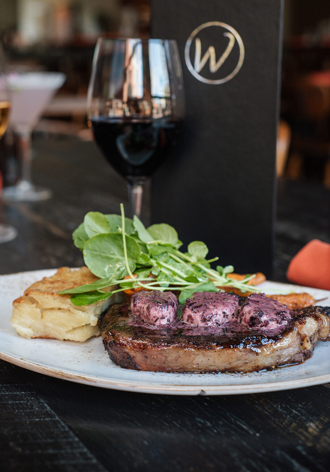 steak dinner and wine